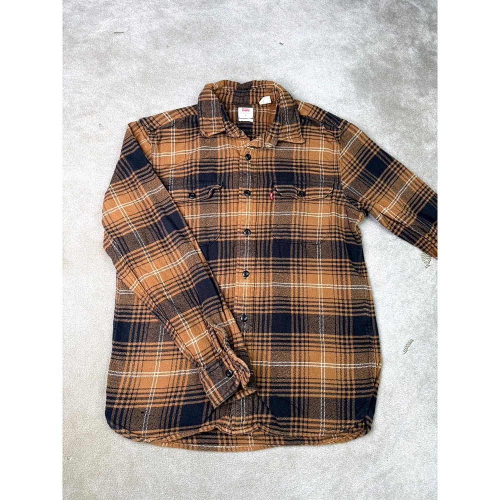 Levi's Flannel Shirt Mens Medium Brown Black Tartan Plaid Standard Fit Button Up
